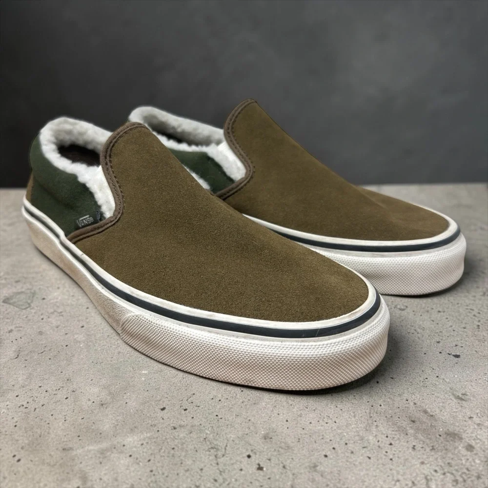 Vans Classic Slip-On Suede Sherpa Faux Fur Lined Olive Green Mens 6.5 Womens 8